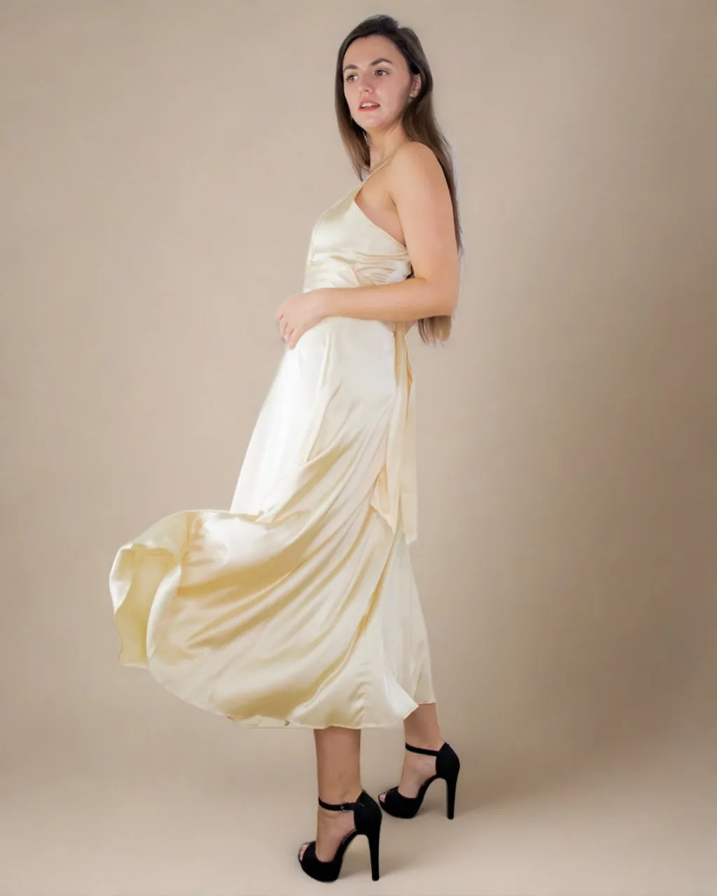 Alaw Silky Gold Champagne Satin Dress - Satin Midi Slip Dress