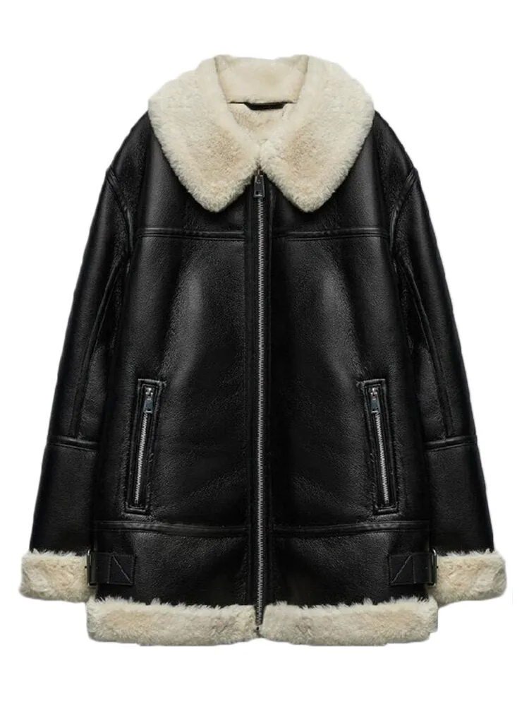 Ashore Shop New Autumn Winter Women Pu Leather Jacket Moto Biker Female Zipper Loose Thick Warm Faux Fur Coat Black Outwear