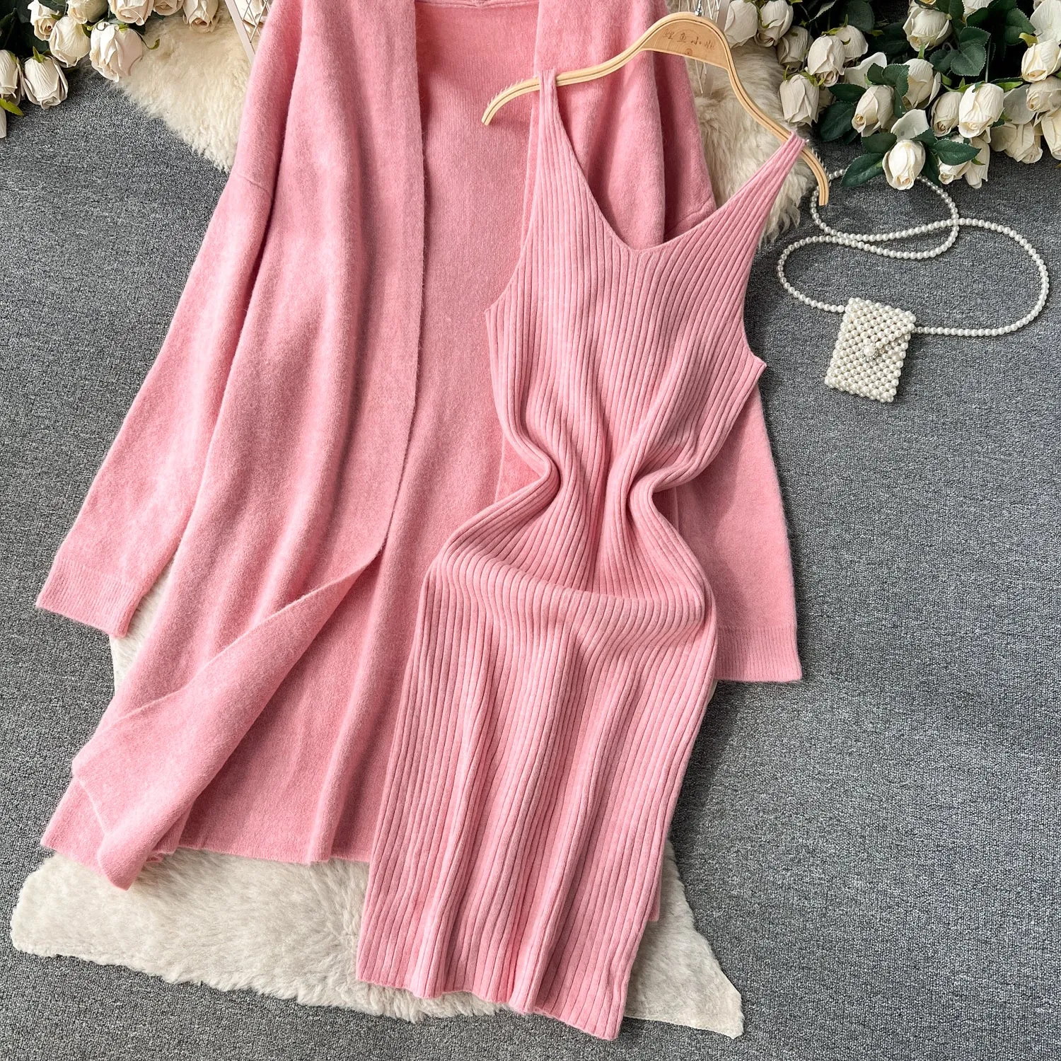 Cardigan&Slip Dress Solid Knitted 2Pcs