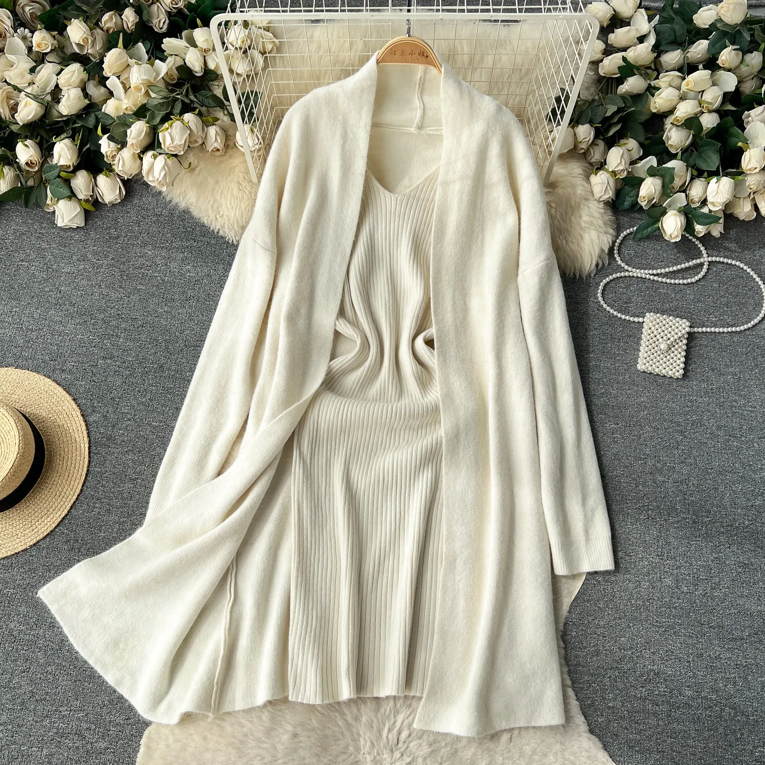 Cardigan&Slip Dress Solid Knitted 2Pcs