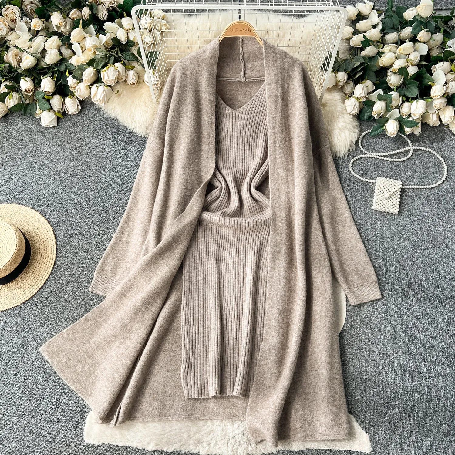 Cardigan&Slip Dress Solid Knitted 2Pcs