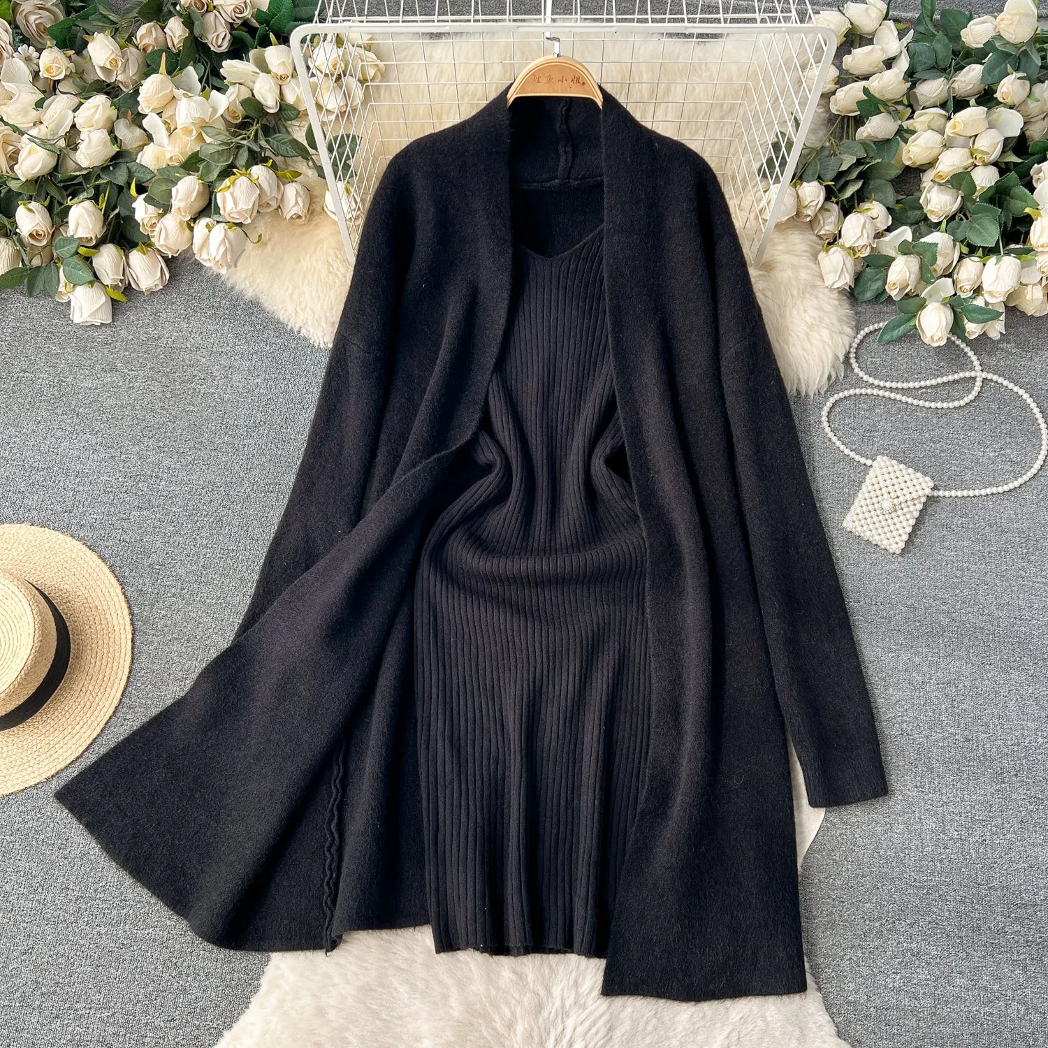 Cardigan&Slip Dress Solid Knitted 2Pcs