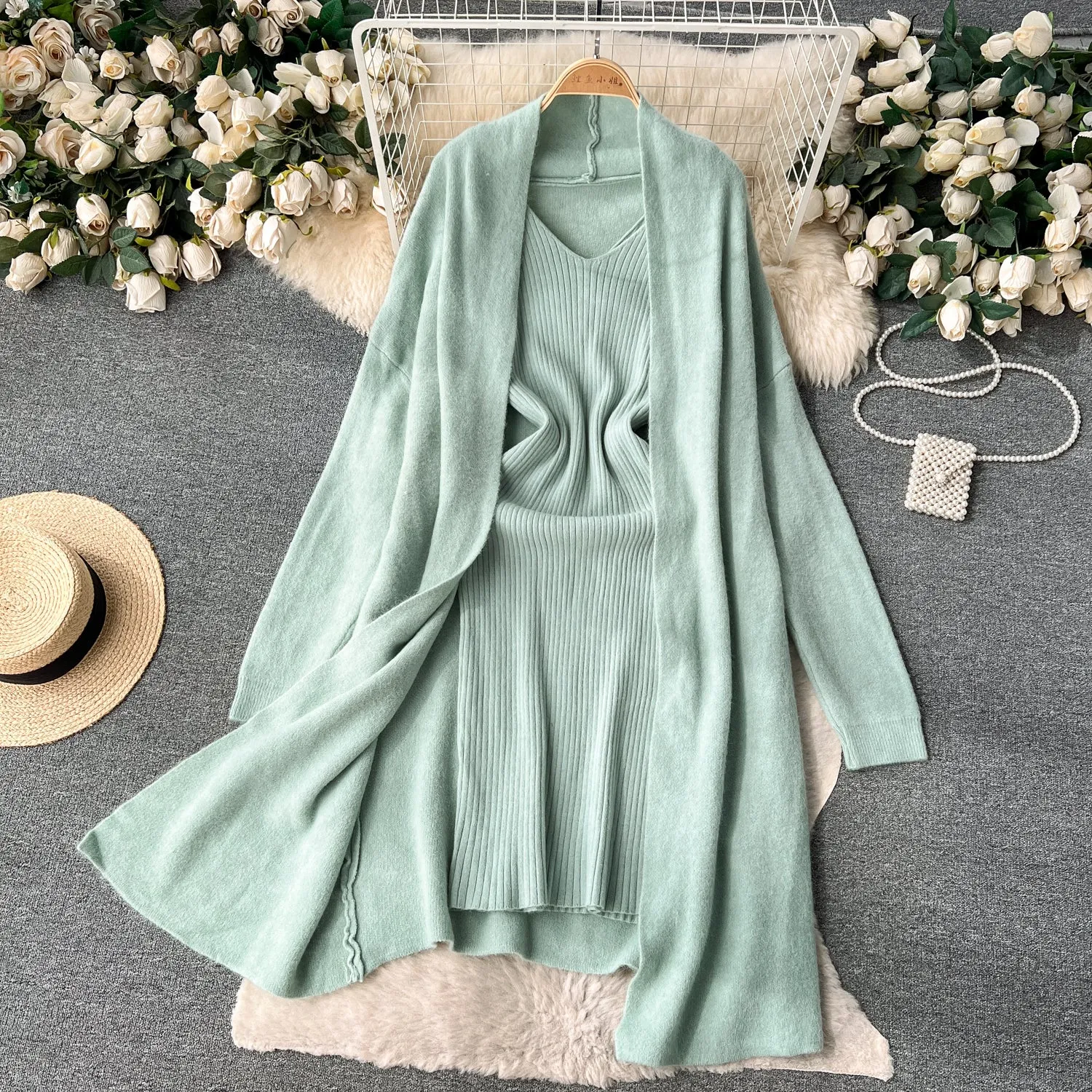 Cardigan&Slip Dress Solid Knitted 2Pcs