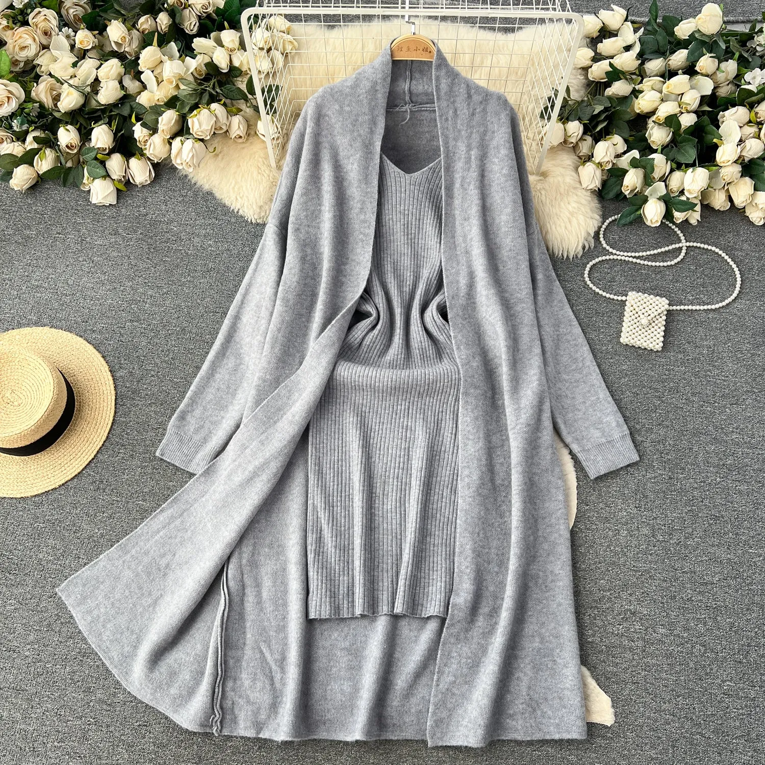 Cardigan&Slip Dress Solid Knitted 2Pcs