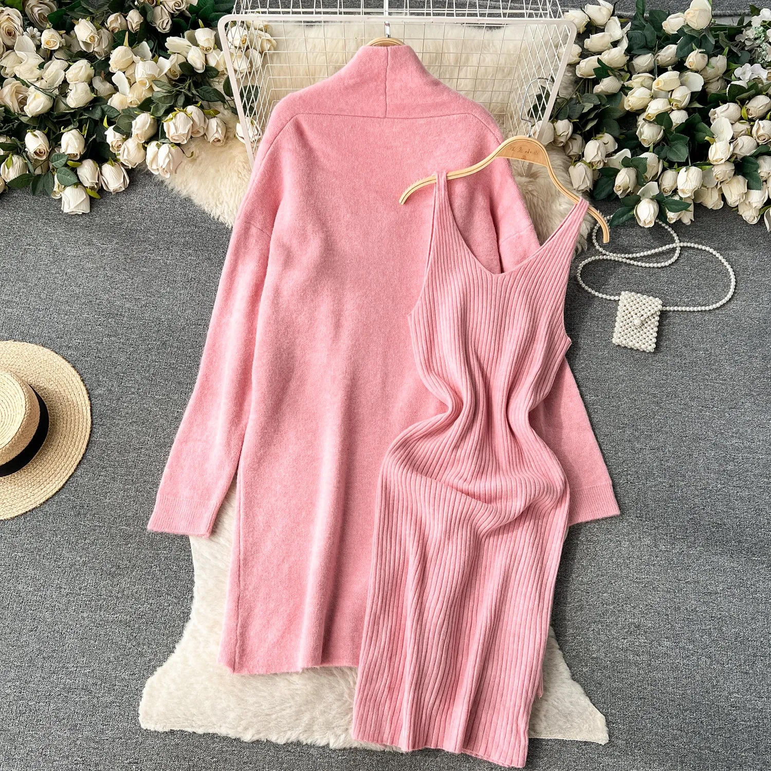 Cardigan&Slip Dress Solid Knitted 2Pcs