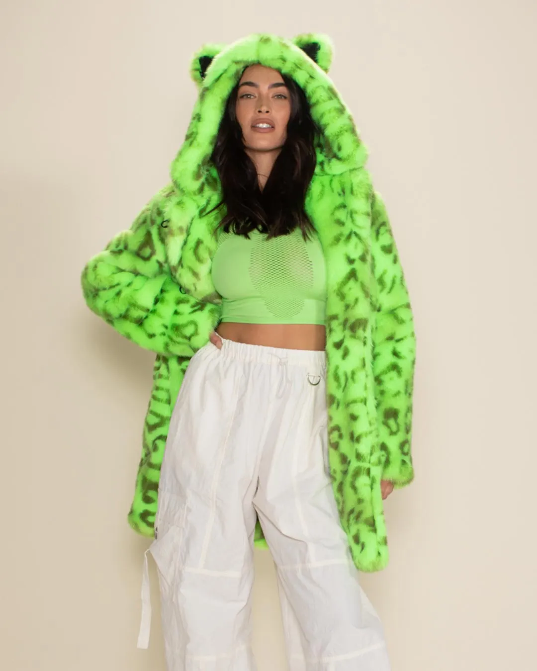 Classic Women's Faux Fur Coat | Neon Green Leopard