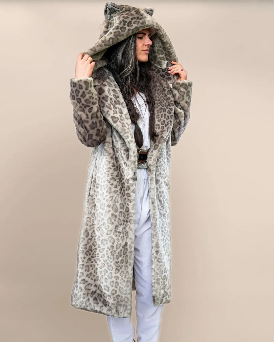 Classic Women's Long Faux Fur Coat | Silver Leopard Print