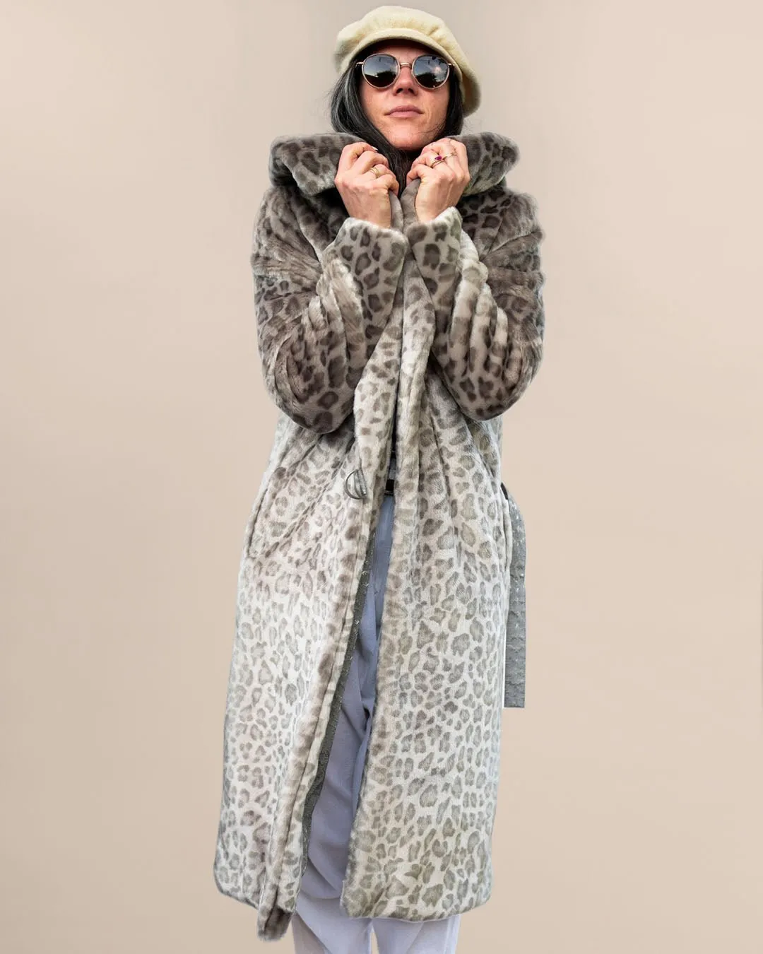 Classic Women's Long Faux Fur Coat | Silver Leopard Print