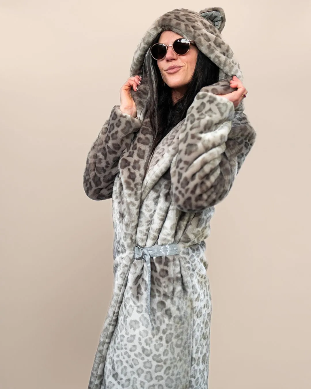 Classic Women's Long Faux Fur Coat | Silver Leopard Print