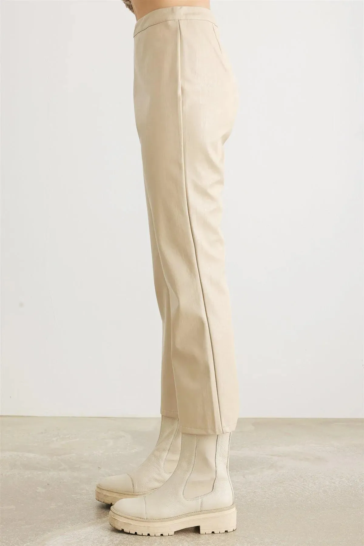 Cream Faux Leather High Waist Pants /1-2-2