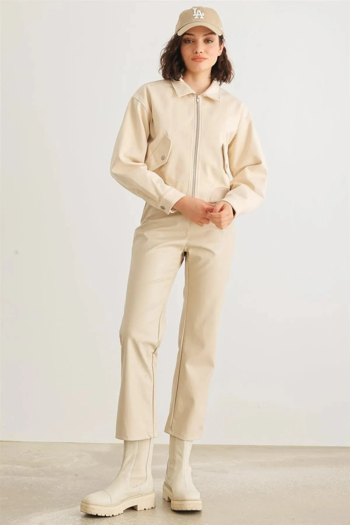 Cream Faux Leather High Waist Pants /1-2-2