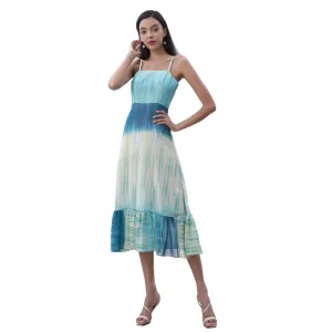 D261 Women Tie-dye print strappy flared tiered ruffle midi dress