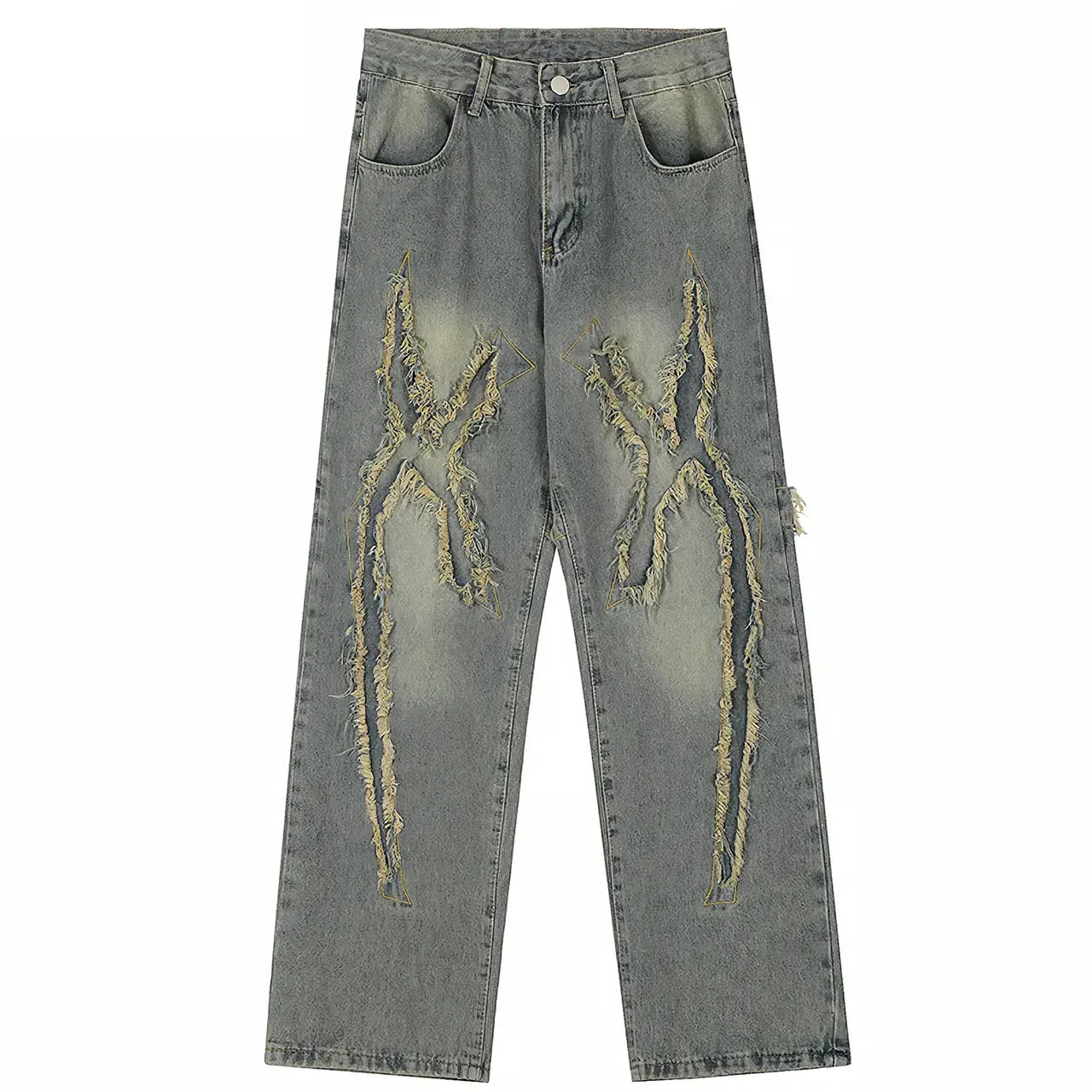 Distressed X-Pattern Wide-Leg Jeans