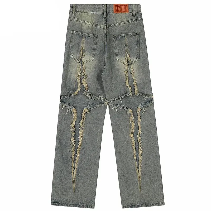 Distressed X-Pattern Wide-Leg Jeans