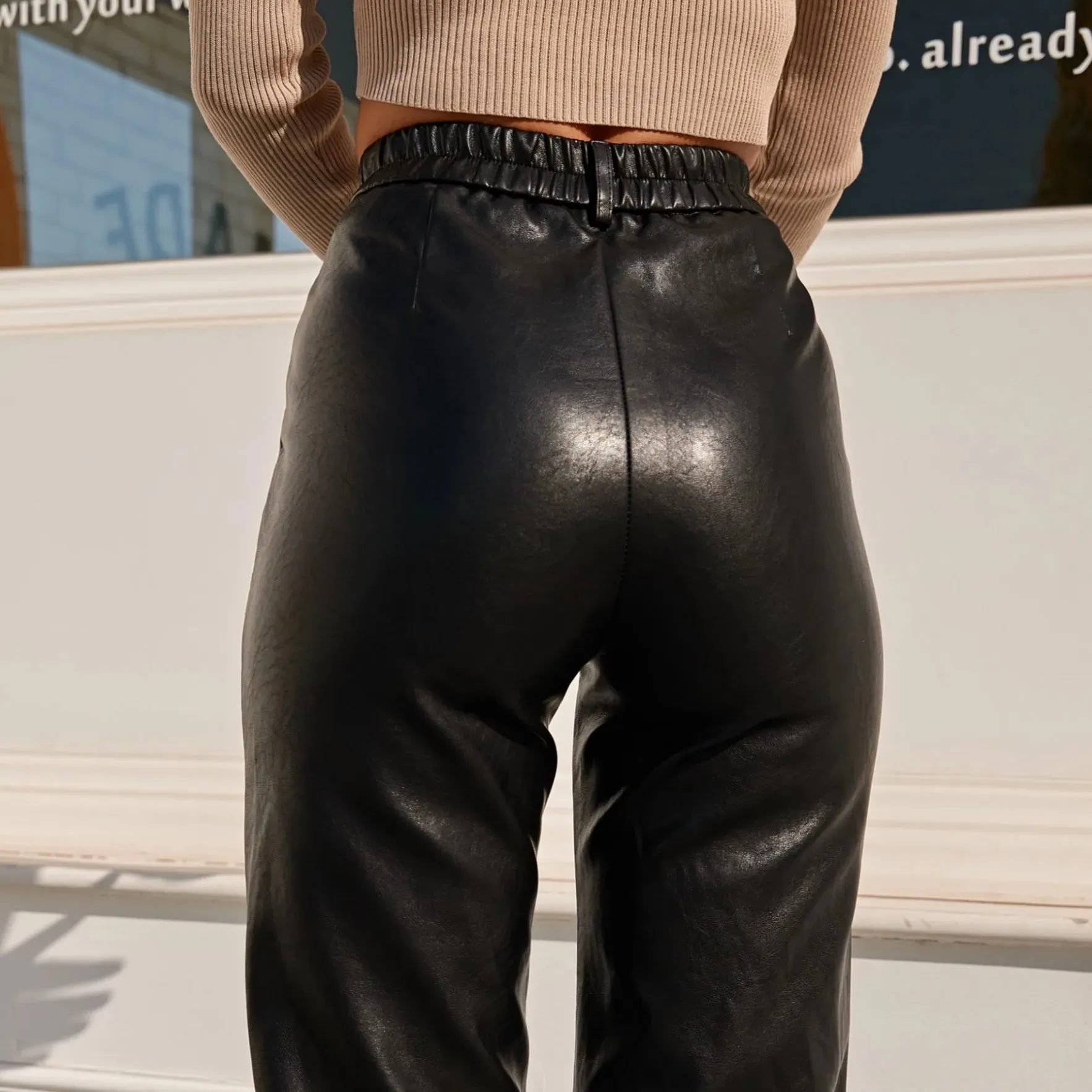 Faux Leather Elastic Waist Cargo Pants