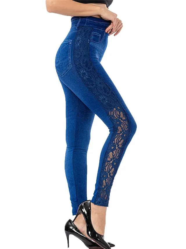 Female Casual Elasticity Ankle-Length Solid Color Print Simple Denim Pants