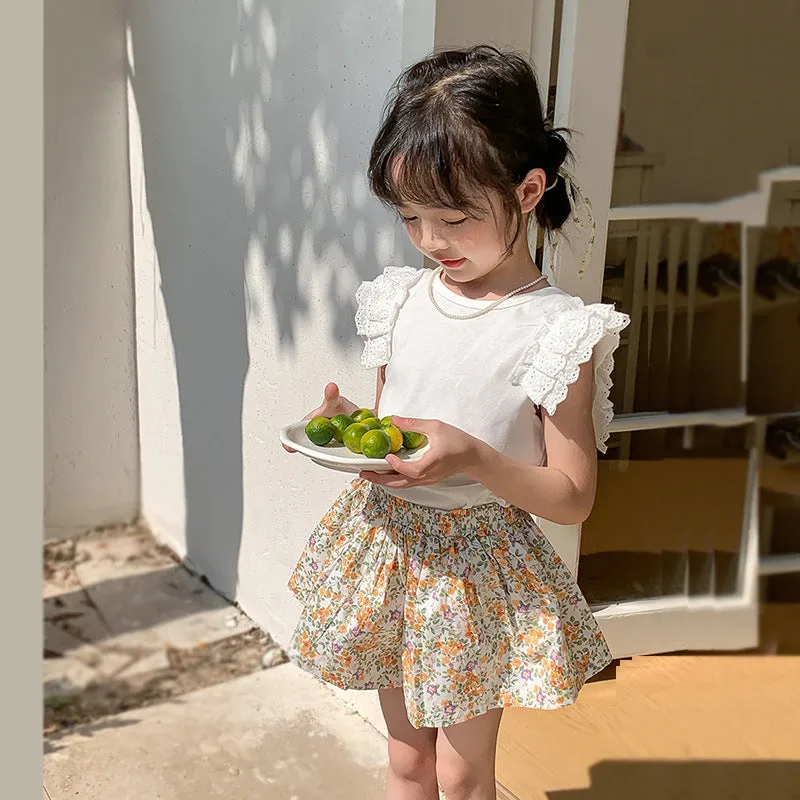 Floral Culottes With Lotus Leaf Lace Skirt