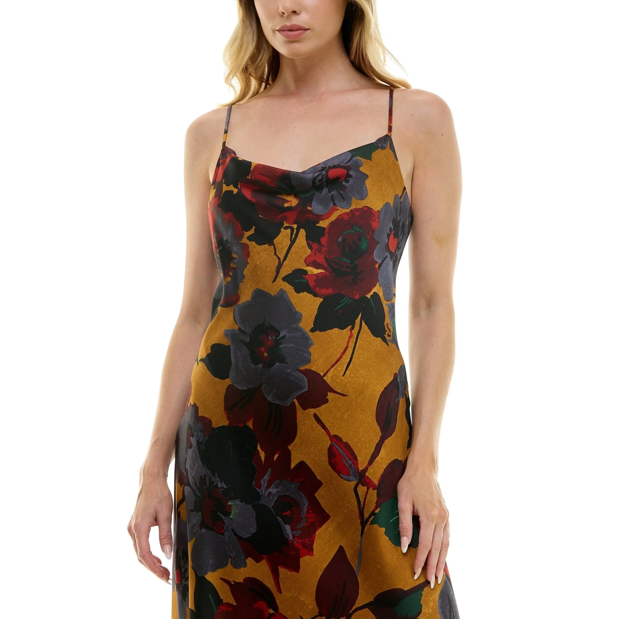 Gold Floral Cowl Neck Slip Midi Dress