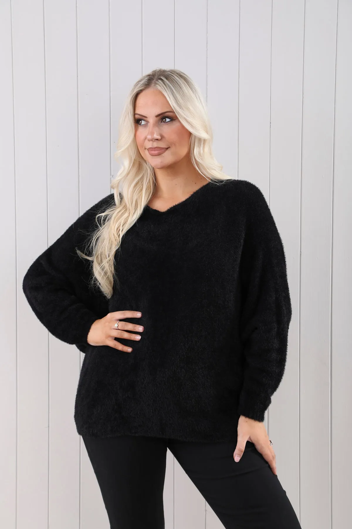 Goose Island 4551 Plain Black V-Neck Fluffy Eyelash Effect Jumper