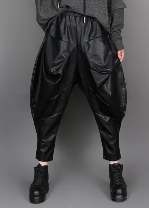 Handmade Black fashion Patchwork Faux Leather Pants Winter