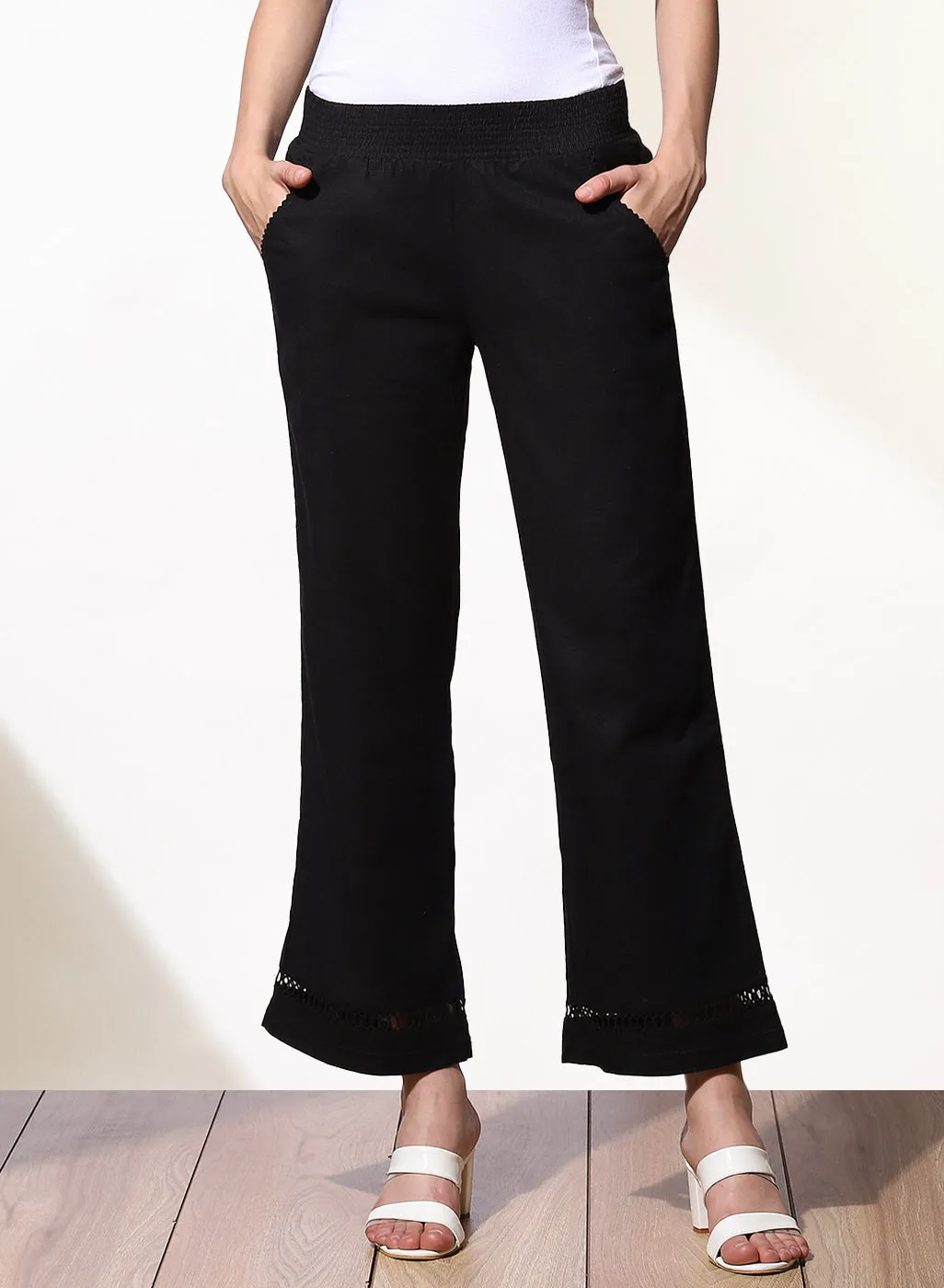 Haya Salmon Black Cotton Linen Classic Fit Pants for Women