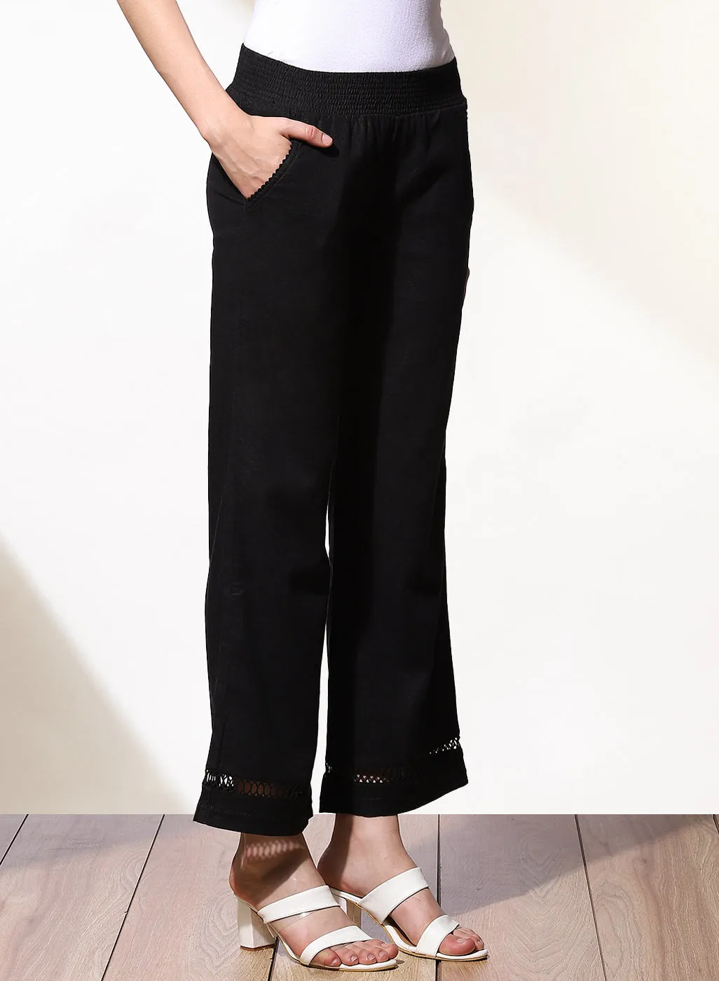 Haya Salmon Black Cotton Linen Classic Fit Pants for Women