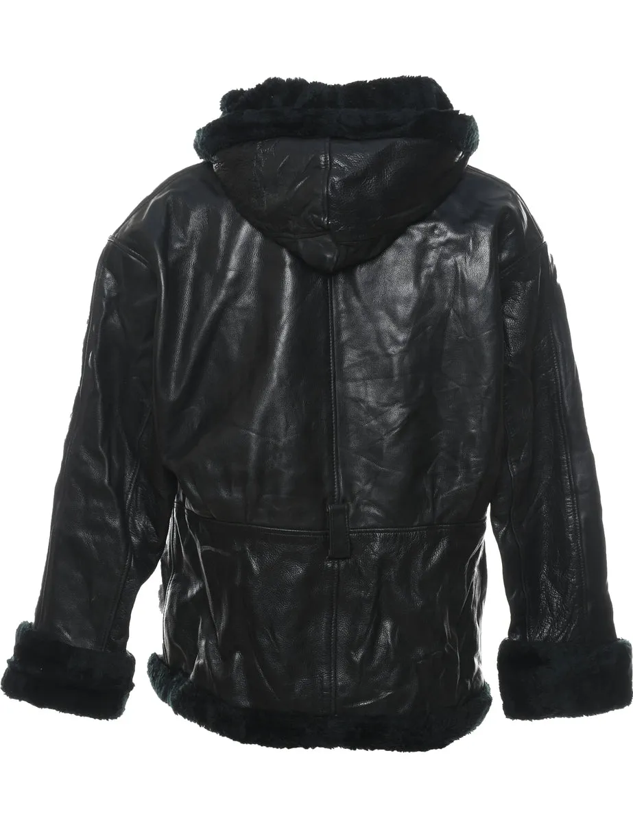 Hooded Black Faux Shearling Lined Classic Leather Jacket - L