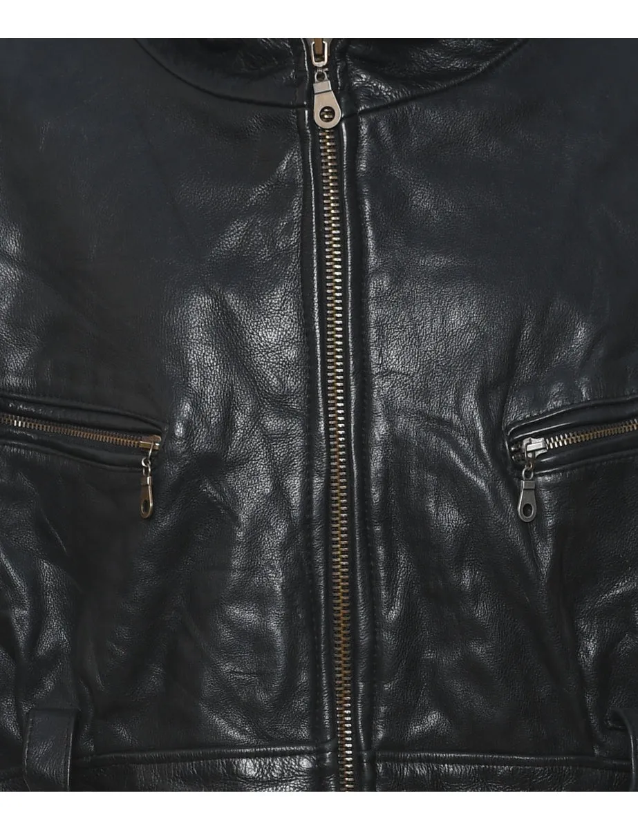 Hooded Black Faux Shearling Lined Classic Leather Jacket - L