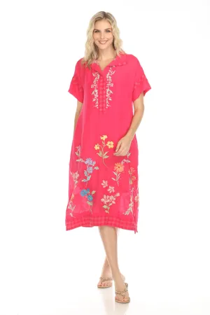 Johnny Was Workshop Pink Embroidered Midi Shirt Dress W34024