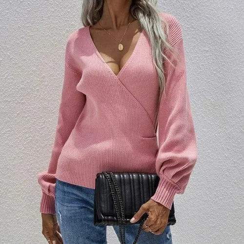 Lantern Sleeve Knitted V Neck Pullovers Jumper