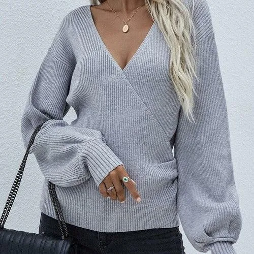 Lantern Sleeve Knitted V Neck Pullovers Jumper