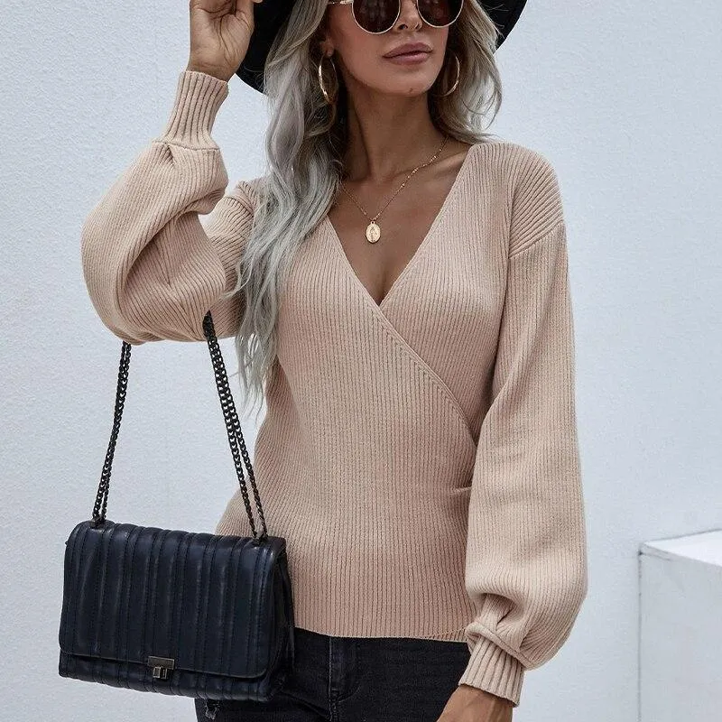 Lantern Sleeve Knitted V Neck Pullovers Jumper