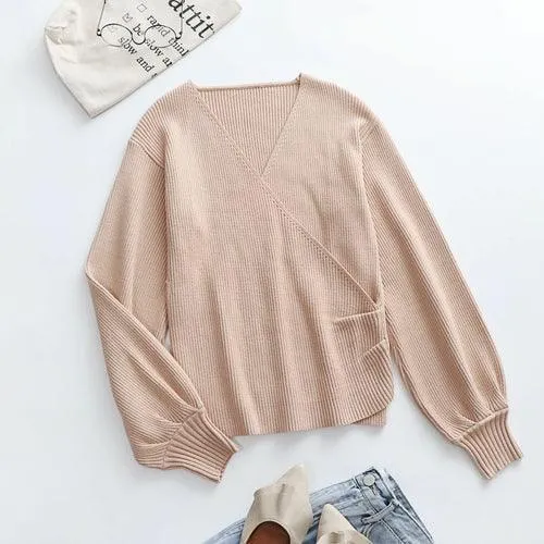 Lantern Sleeve Knitted V Neck Pullovers Jumper