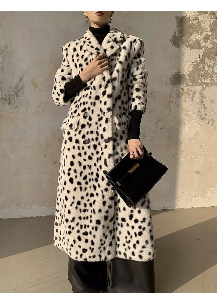 Leopard Double Breasted Faux Fur Fleece Long Coat