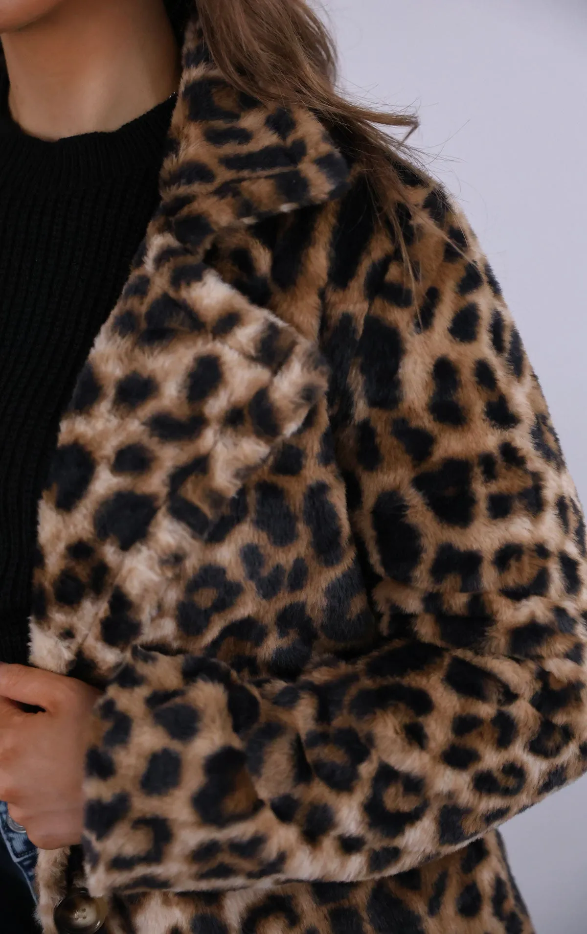 Leopard Print Faux Fur Button Up Coat