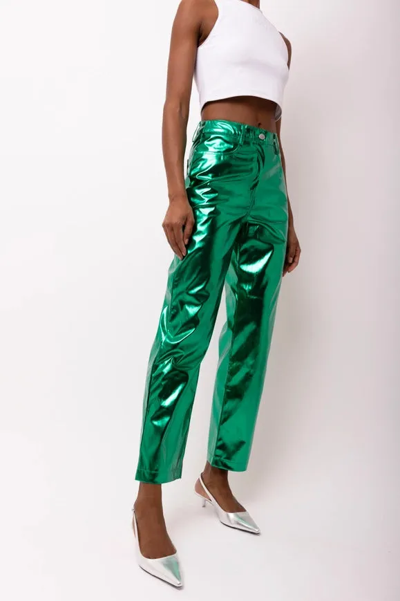 Lupe Straight Faux Leather Metallic Pants  Forest Green