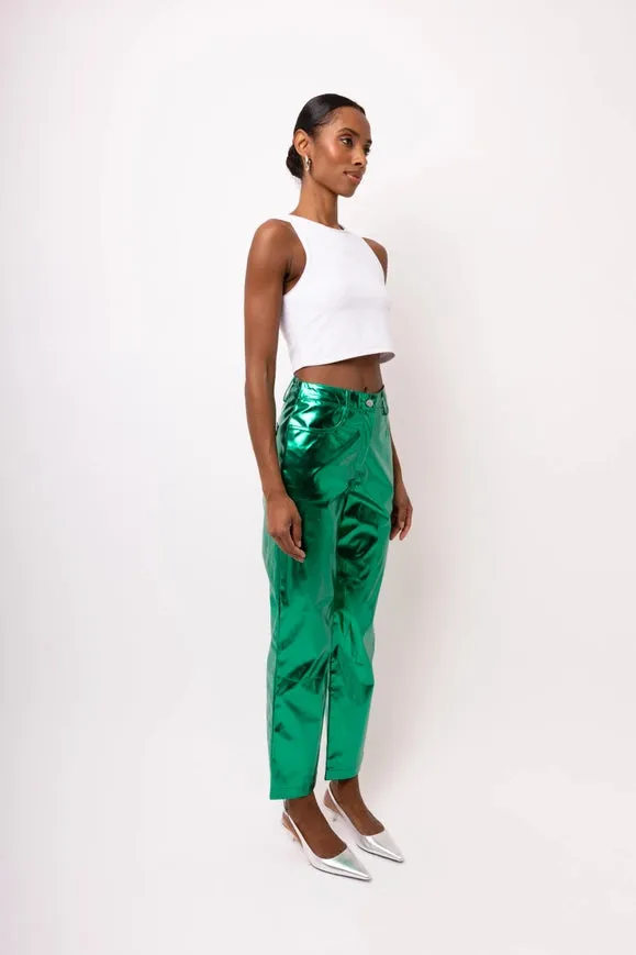 Lupe Straight Faux Leather Metallic Pants  Forest Green