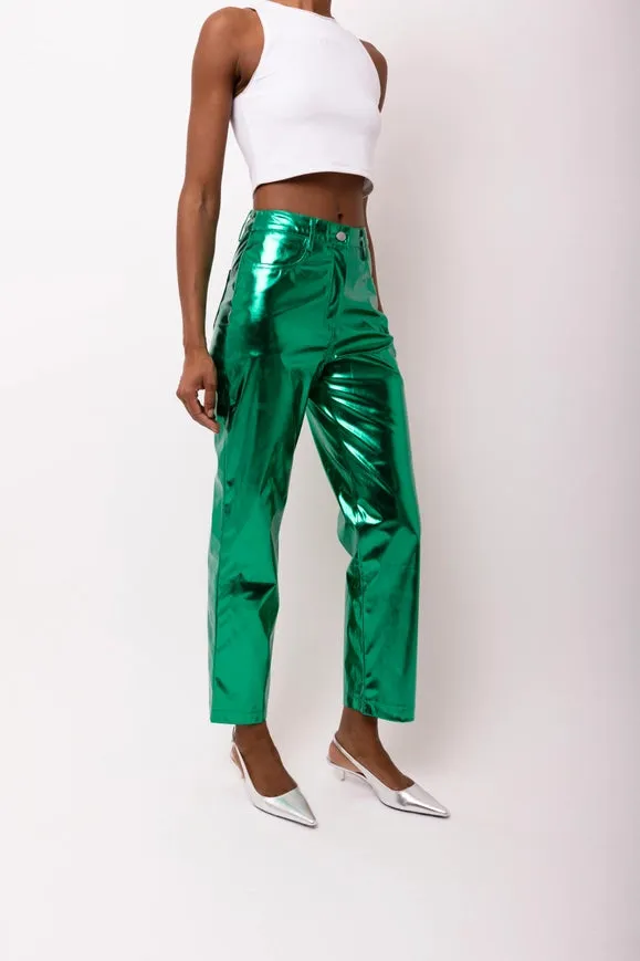 Lupe Straight Faux Leather Metallic Pants  Forest Green