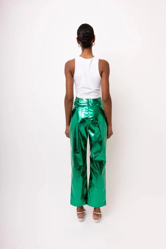 Lupe Straight Faux Leather Metallic Pants  Forest Green