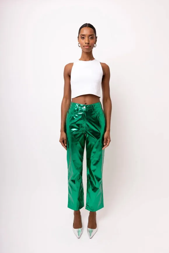 Lupe Straight Faux Leather Metallic Pants  Forest Green