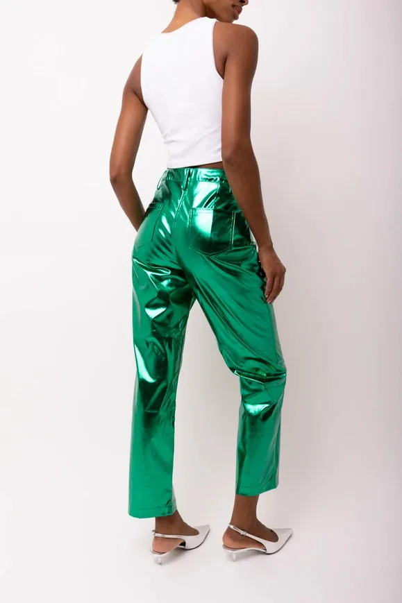 Lupe Straight Faux Leather Metallic Pants  Forest Green