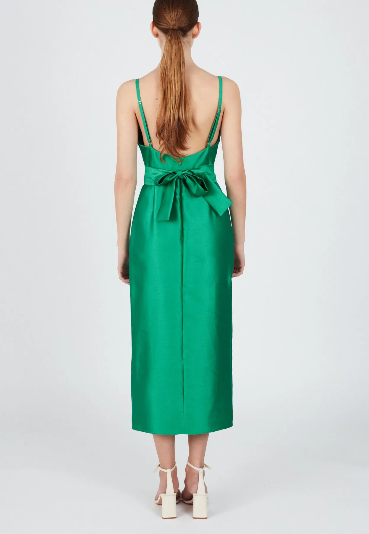 MANU jade green silk linen midi dress