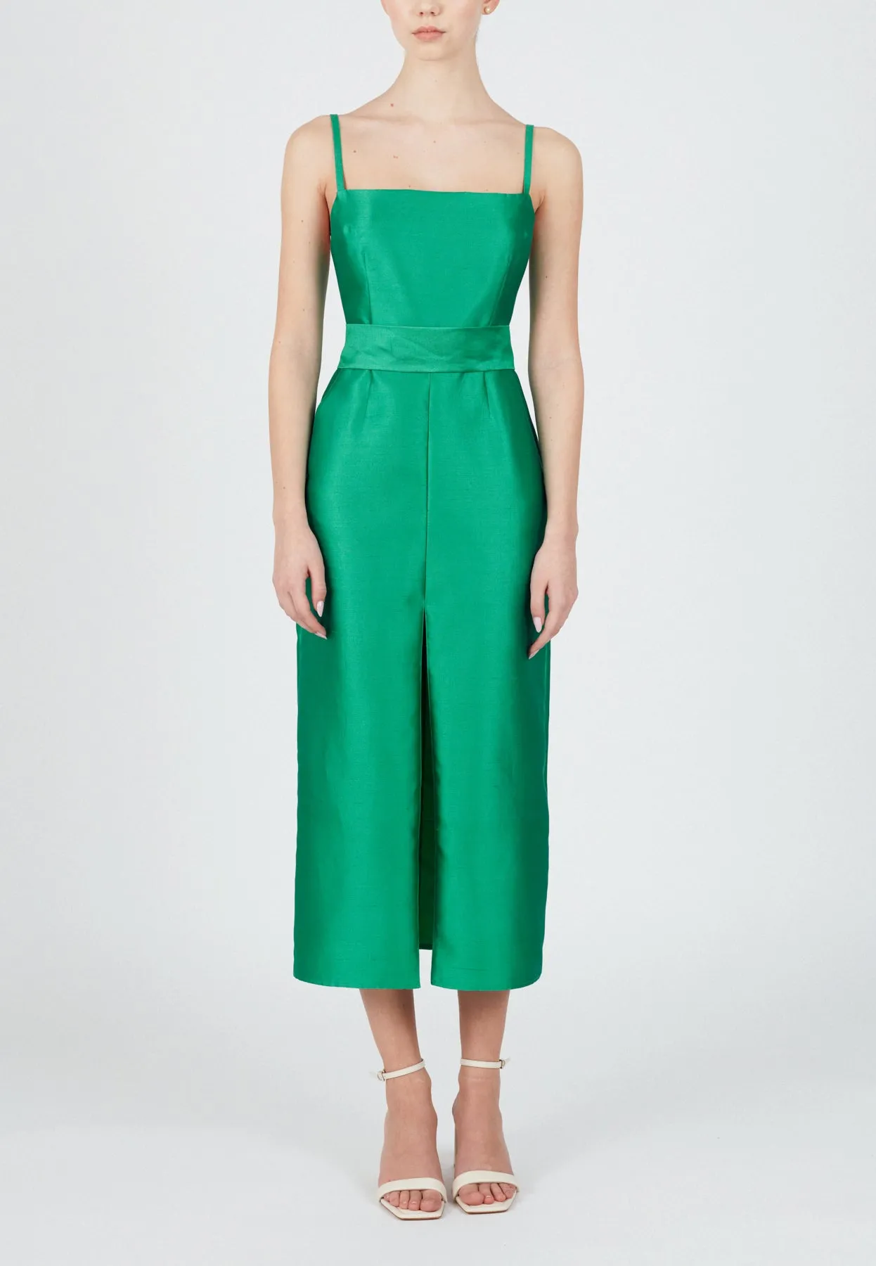 MANU jade green silk linen midi dress