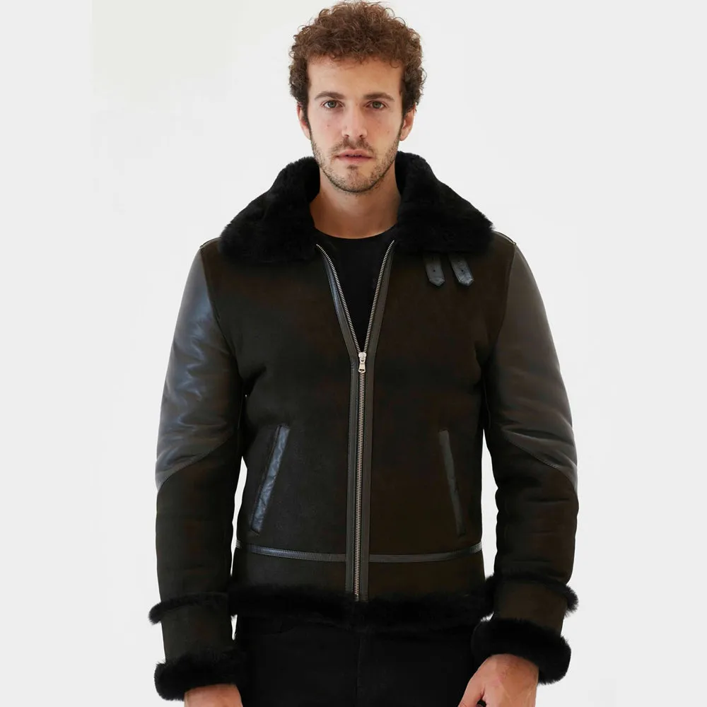 Men Aviator Black Shearling Jacket