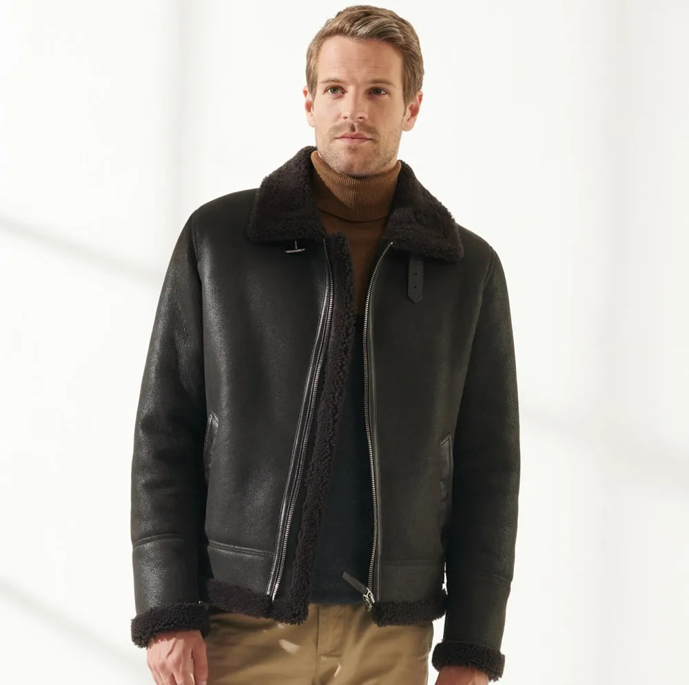 Men Aviator Brown Shearling Leather Jacket