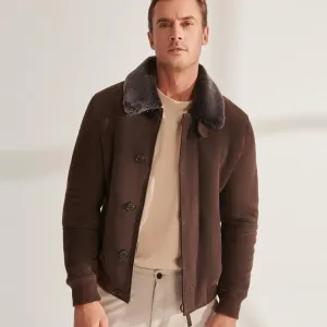 Men Brown Shearling Aviator Leather Bomber Jacket