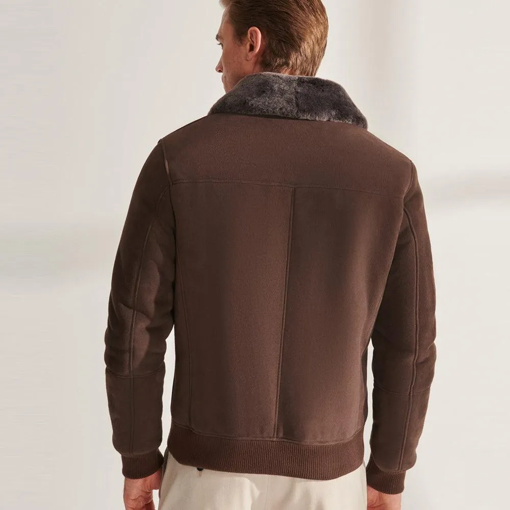 Men Brown Shearling Aviator Leather Bomber Jacket