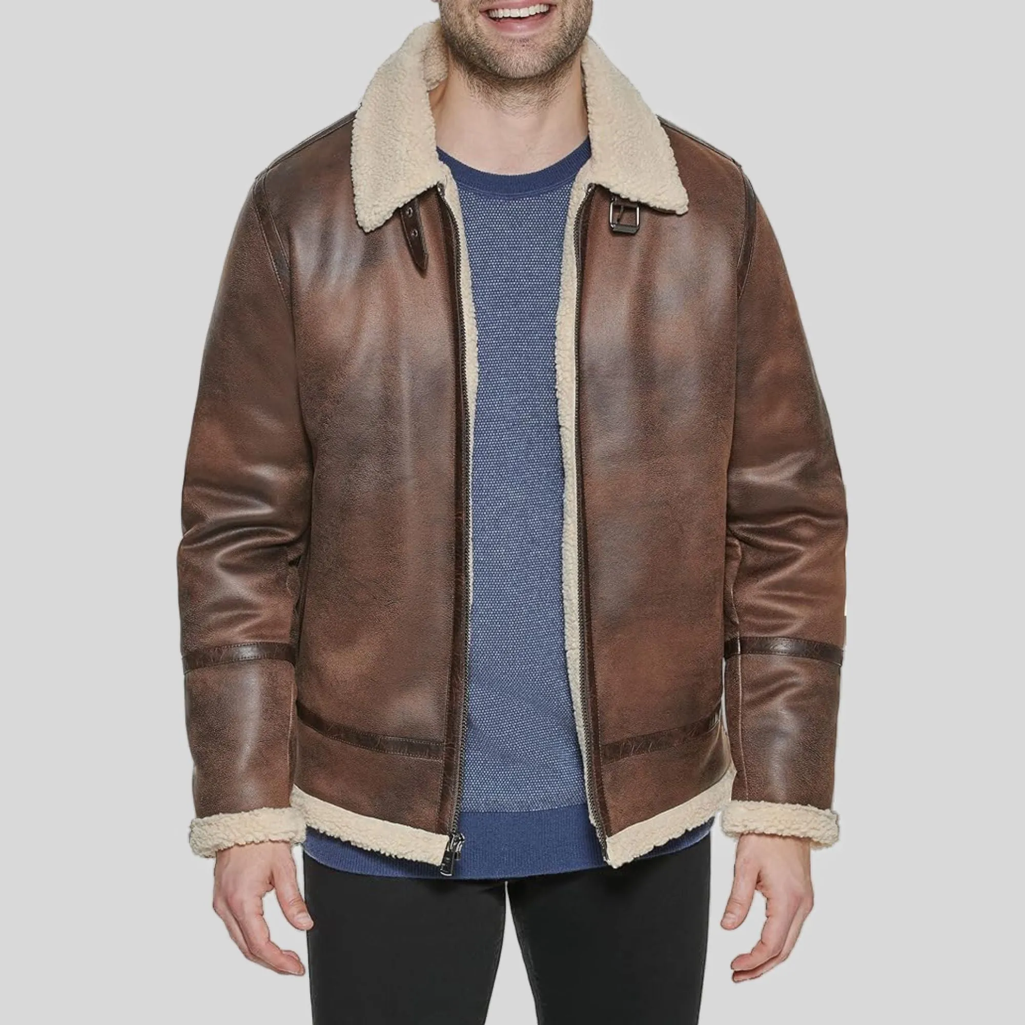 Men Real Leather Bomber Jacket With Shearling Lining