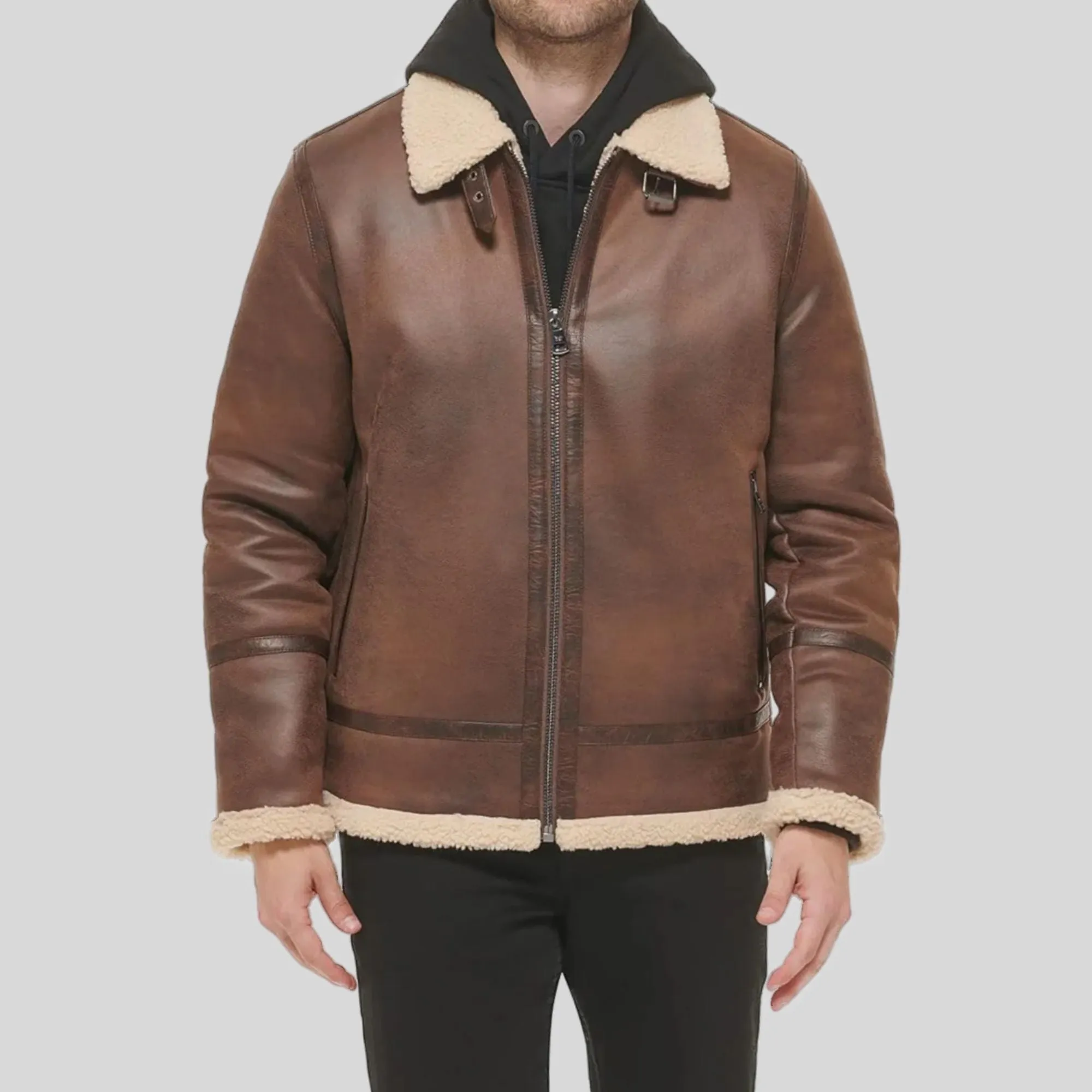 Men Real Leather Bomber Jacket With Shearling Lining