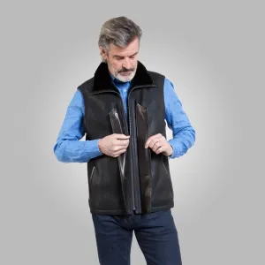 Men’s Black Leather Shearling Vest